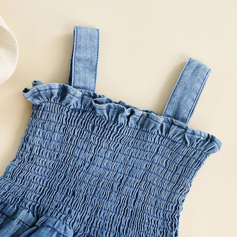 Baby Summer Clothes Girl Denim Romper Sleeveless Suspender Pleated Design Ruffle Hem Bottom Snap Button Cute Jumpsuit