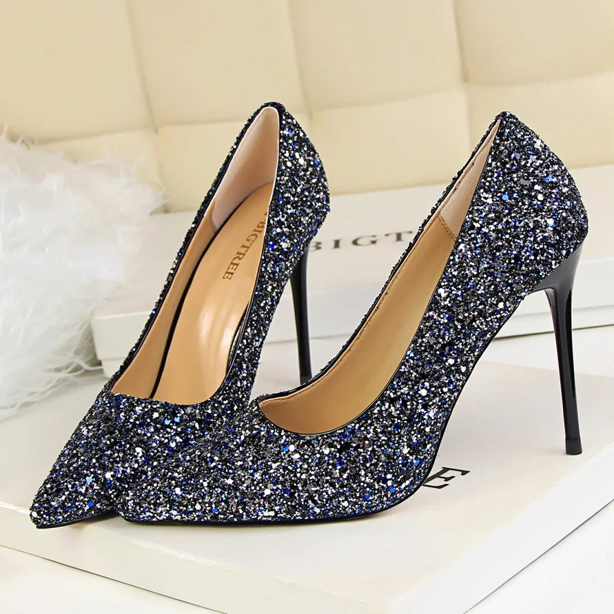 Women 7cm 9.5cm High Heels Bling Pumps Wedding Bridal Scarpins Sparkly Heels Lady Party Sequins Nightclub Evening Gold Red Shoes