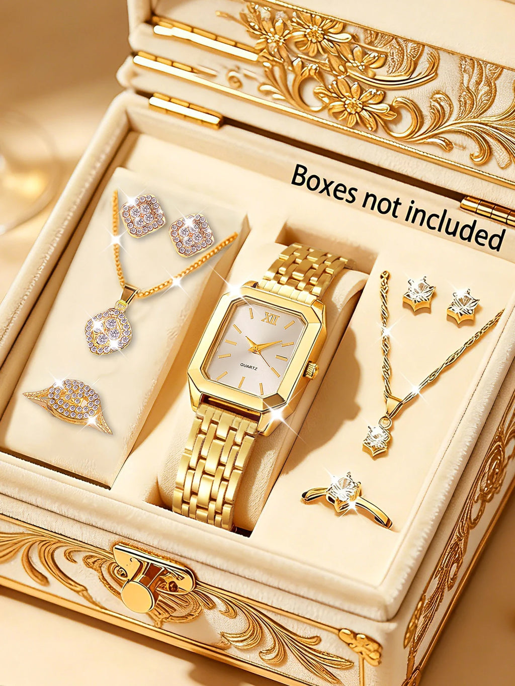 Ladies Quartz Watch Set with Hollow out Jewelry - Stainless Steel Band Bracelet Necklace Ring Trio Perfect Festive Gift Set