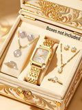 Ladies Quartz Watch Set with Hollow out Jewelry - Stainless Steel Band Bracelet Necklace Ring Trio Perfect Festive Gift Set