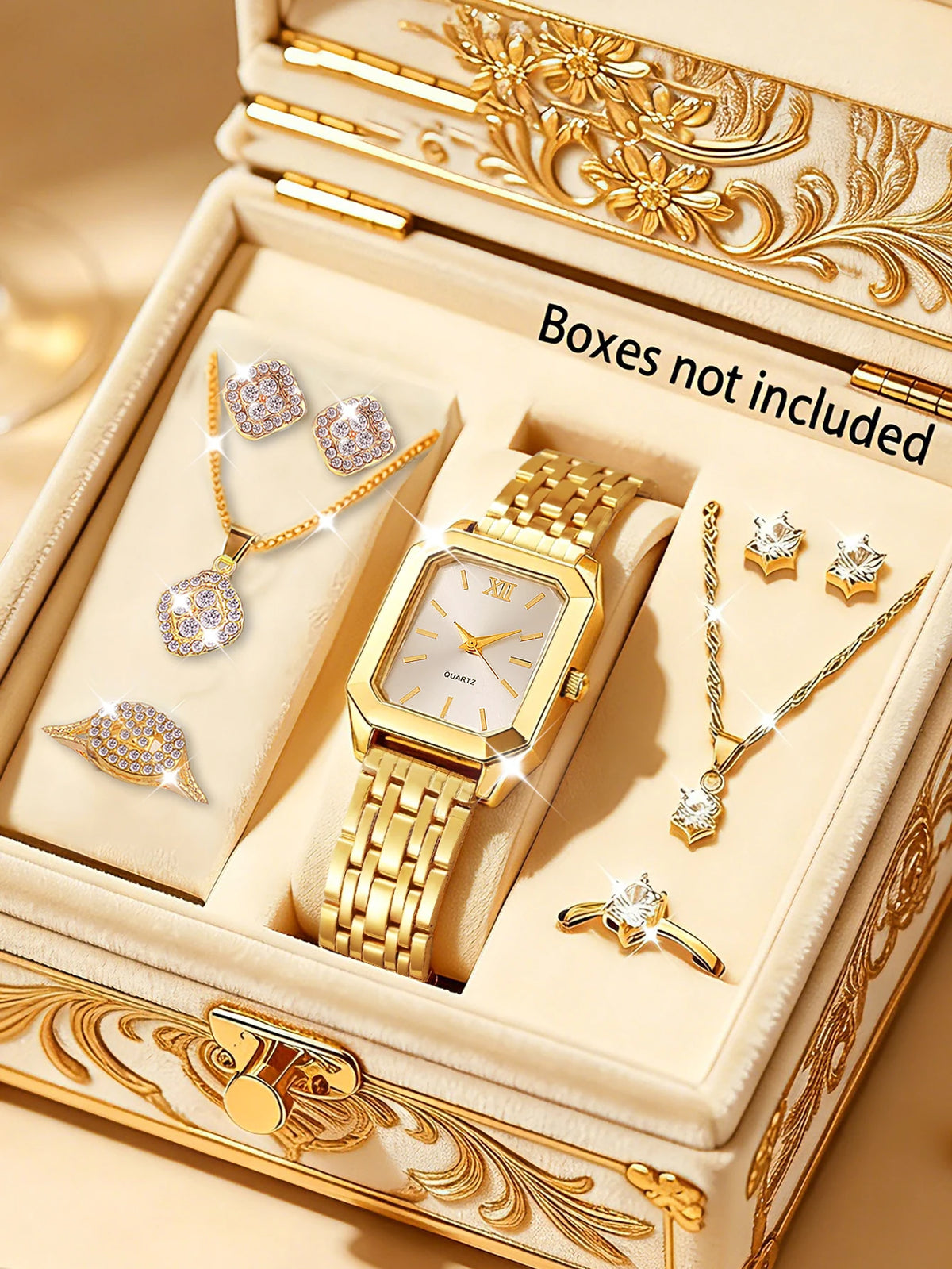 Ladies Quartz Watch Set with Hollow out Jewelry - Stainless Steel Band Bracelet Necklace Ring Trio Perfect Festive Gift Set