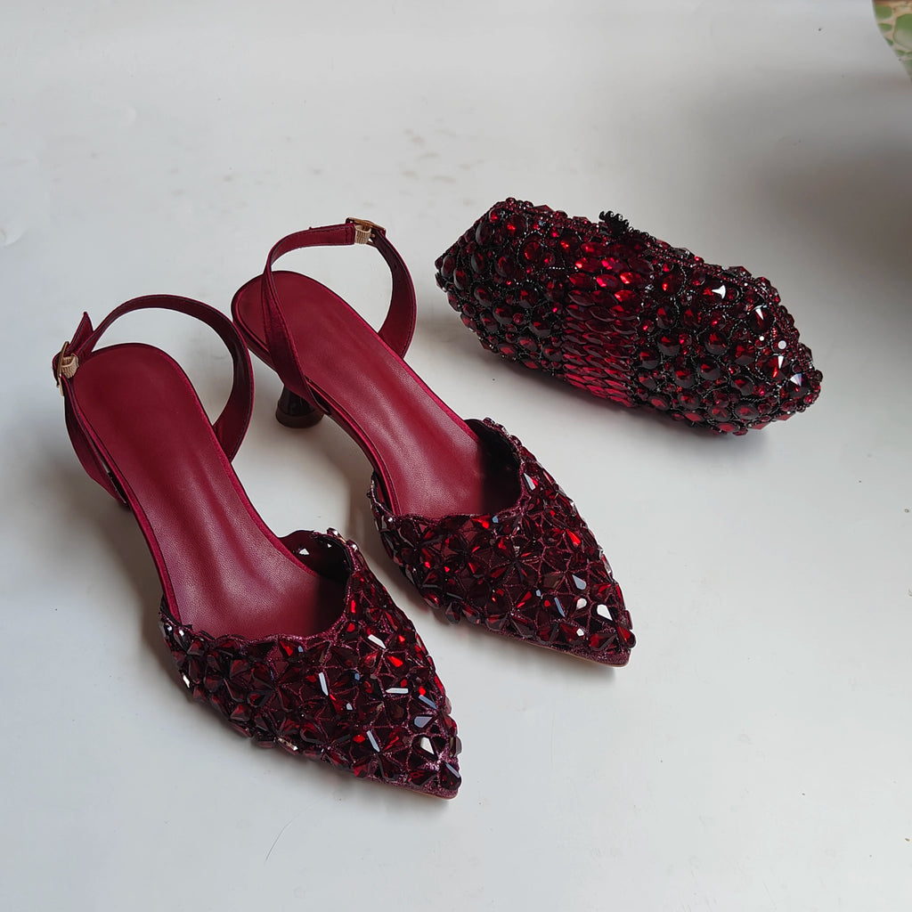 Insightlink Burgundy Rhinestone Slingback Heels Cocktail Glass Clutch Set Crystal Pointed Toe Shoes Bag for Party Wedding