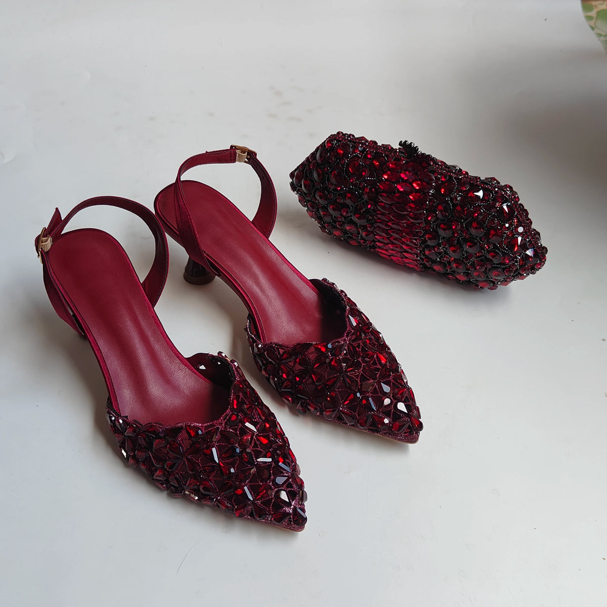 Insightlink Burgundy Rhinestone Slingback Heels Cocktail Glass Clutch Set Crystal Pointed Toe Shoes Bag for Party Wedding