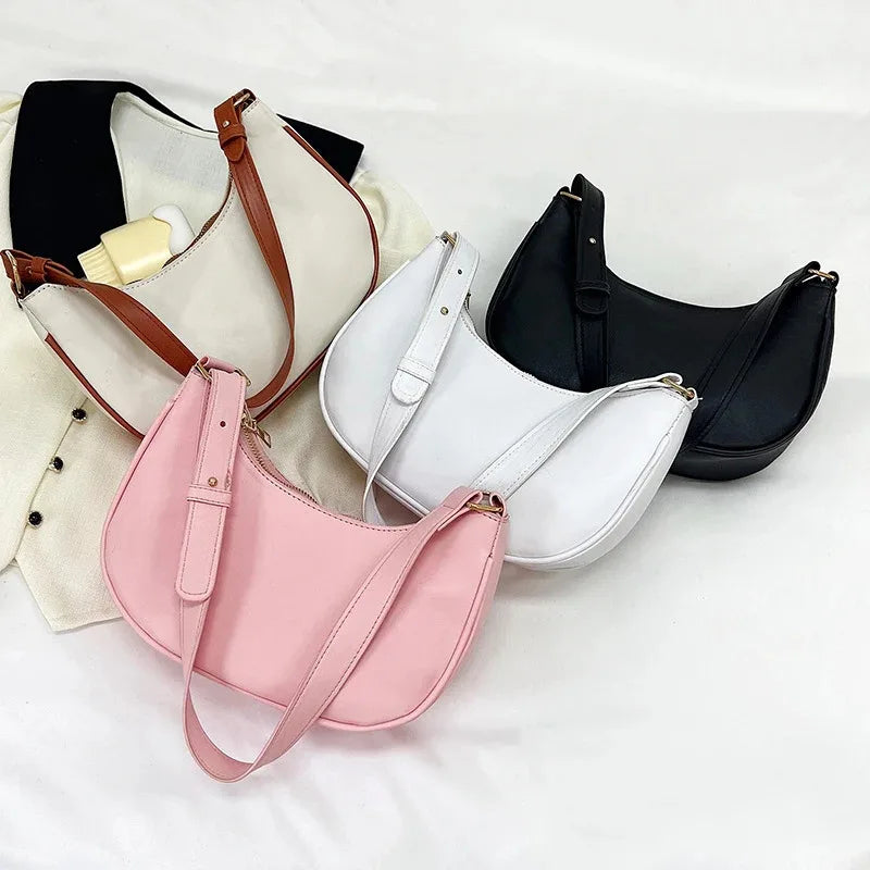 Women Luxury Solid Color PU Leather Shoulder Clutch Underarm Casual Tote Bag