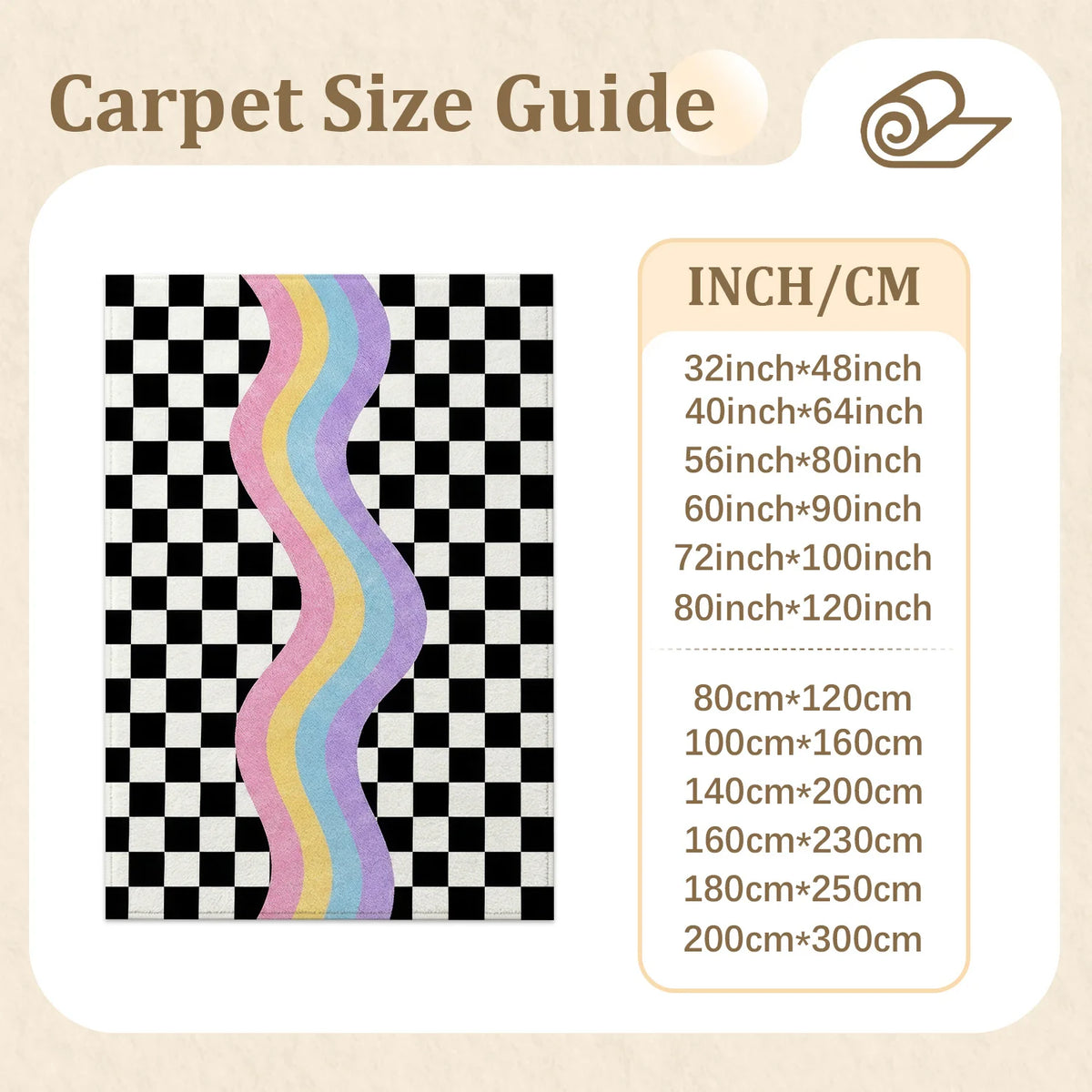 Large Indoor Area Rug, Soft Velvet Low Pile Checkered Retro Rainbow Wave Rug, Non-slip Dotted Backing, Machine Washable for Living Room, Bedroom