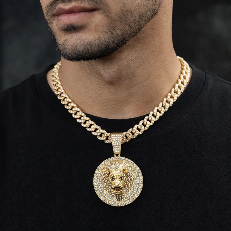 Hip Hop Big Lion Head Pendant Necklace Cuban Chain Necklace For Women Men Iced Out Full Rhinestone Necklace Jewelry Gifts