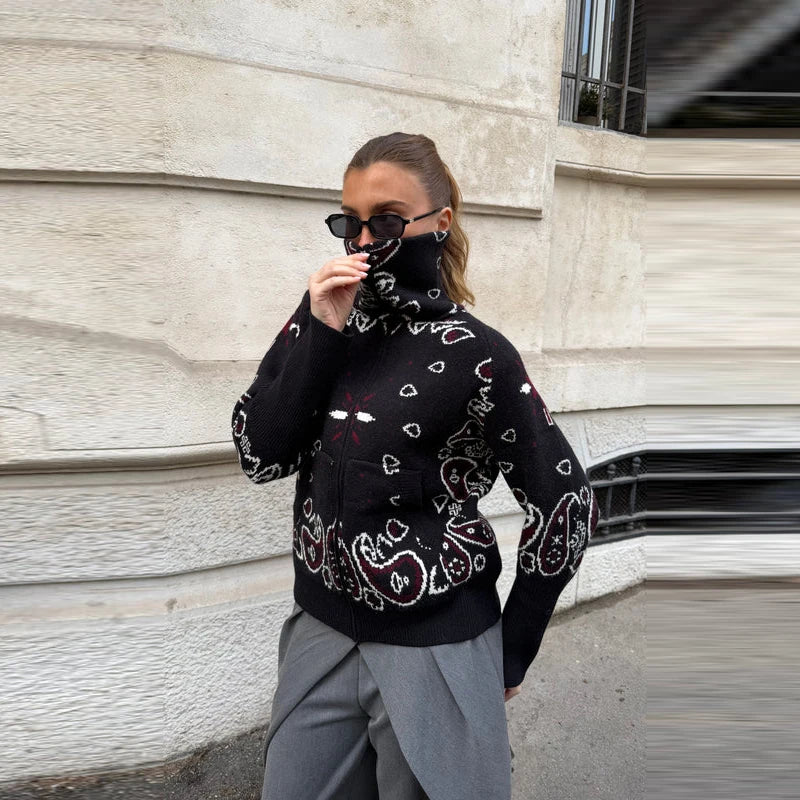 Street Printed Women's Cardigan Knitted Full Sleeve Zippers Stand Collar Pocket Lady Coats 2026 Autumn Chic Female Streetwear