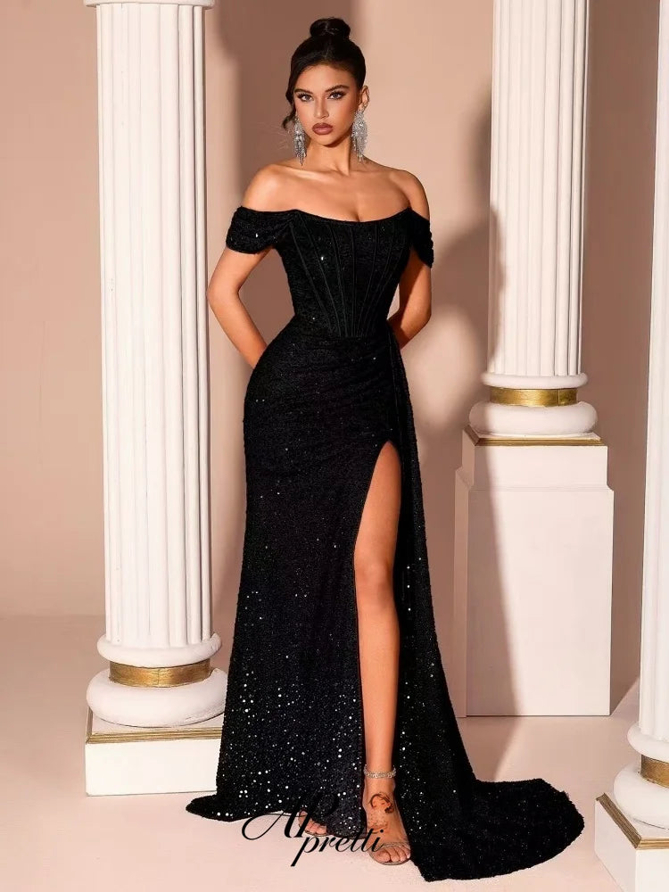 AP Pretti Women Sequin Off Shoulder High Slit Prom Dress For Wedding formal Birthday Evening Party Dresses Vestidos Customized