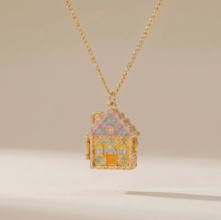 Fairy Tale Gingerbread House Necklace Open and Close Pendant Necklace Women Girls Enamel House Girl Necklace Jewelry Accessory