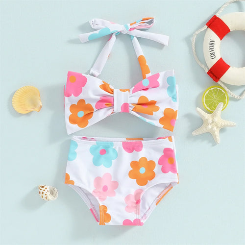 1-6Y Little Girls Bikini Sets Flower/Plaid Print Sleeveless Bow Bikini Tops with Shorts 2024 Summer Baby Swimsuit Kids Beachwear