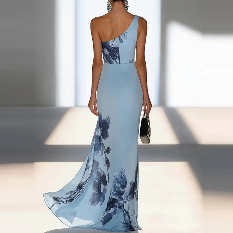Elegant Print Hight Waist Holiday Dress Sexy Off Shoulder Sleeveless Slim Party Dress Women Fashion Backless Pleated Long Dress