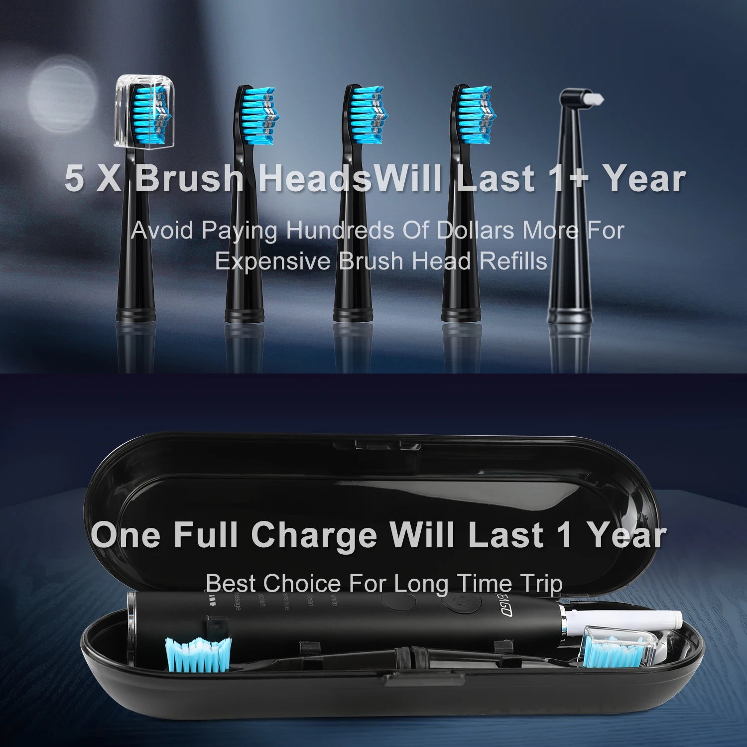 Seago Electric Toothbrush USB Rechargeable Adult 360 Days Long Battery Life IPX7 4 Replacement Heads Travel Box  SG-575