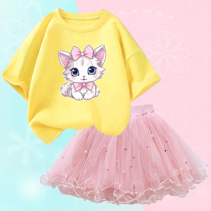 Summer Little Girls Clothing Cute Cat T Shirt& mesh Tutu Skirt Two Piece Set Fashion Korean Children Clothes Outfits 3-14years
