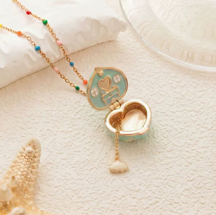 Fairy Tale Gingerbread House Necklace Open and Close Pendant Necklace Women Girls Enamel House Girl Necklace Jewelry Accessory