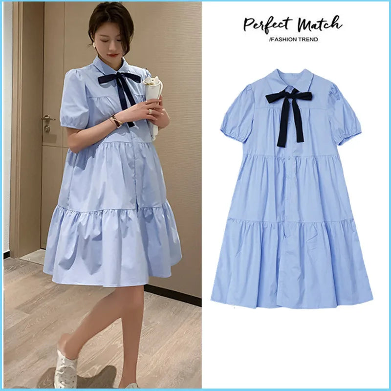 2026 Summer Maternity Shirts Dress Short Sleeve Turn-down Collar Elegant Pregnant Woman Mini Dress with Tie Ribbon Loose Blouses