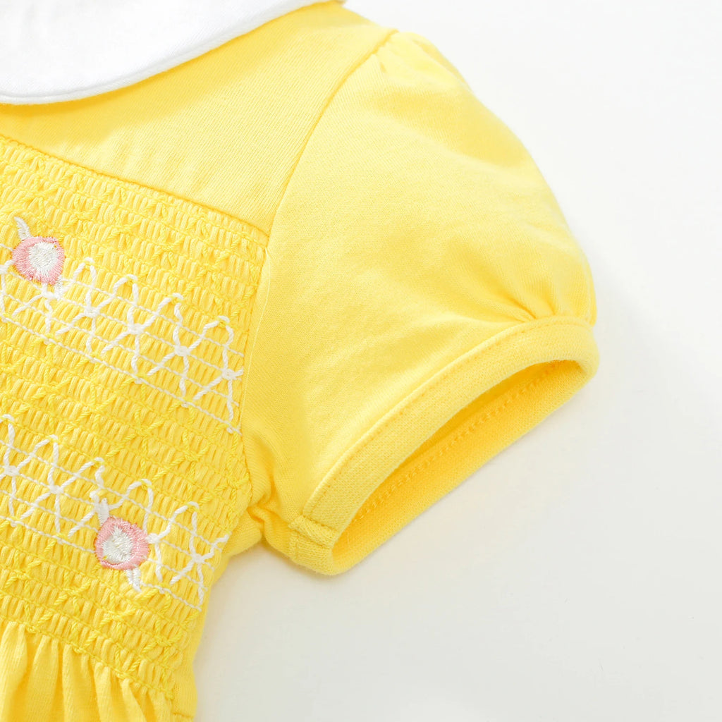 TUONXYE Summer Baby Girl Dress Cotton Button Smocked Floral Embroidery Short Sleeve Kids Princess Party Dresses