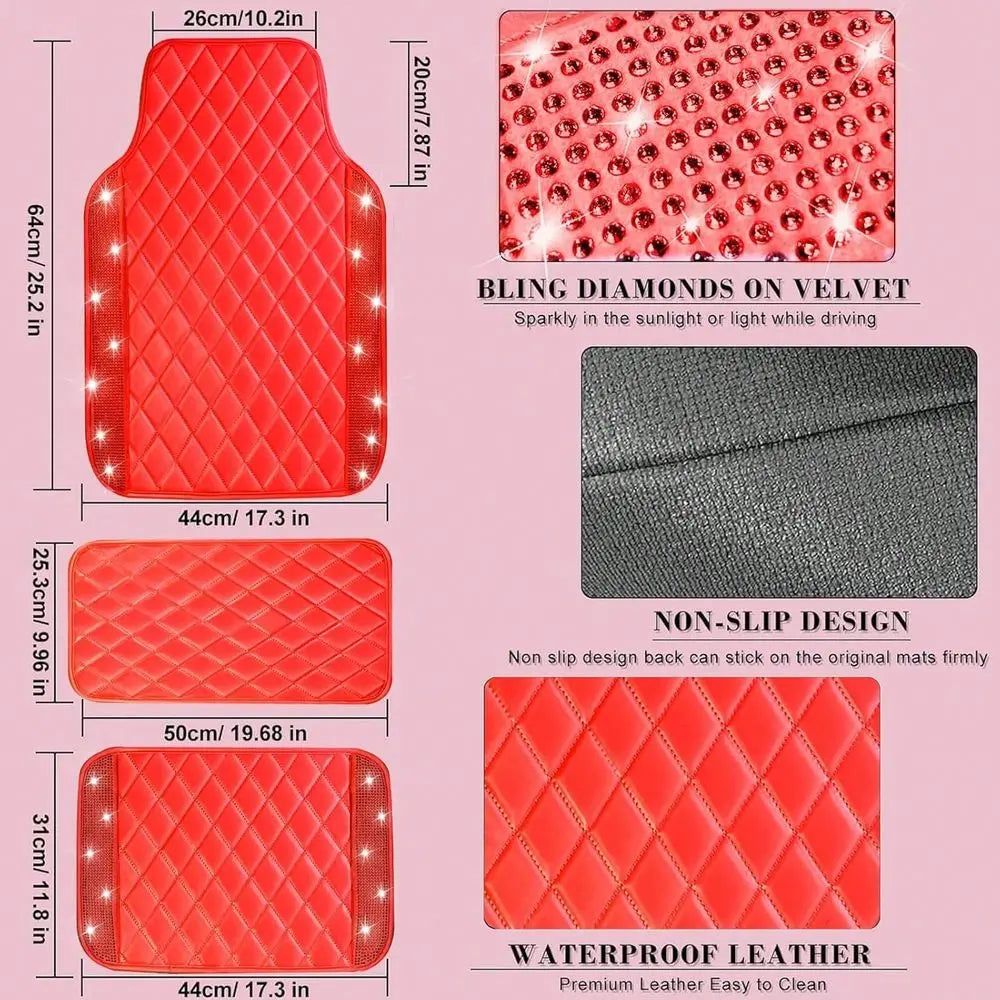 5 Pcs Bling Leather Car Mats, Sparkly Rhinestone Floor Mats, Anti-Slip Waterproof Universal Pads for SUV, Sedan, Van, Women