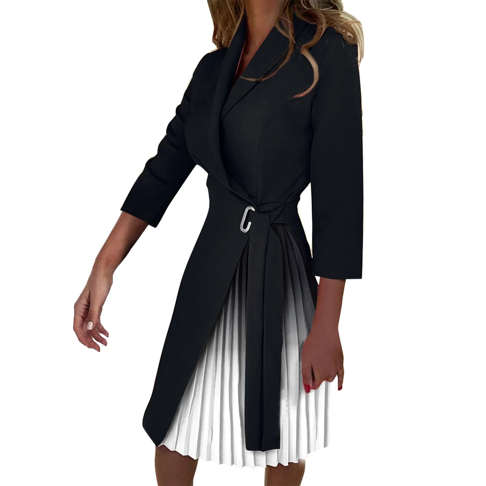 Autumn Fashion Women Patchwork Pleated Blazer Dress Elegant 3/4 Sleeve Lapel Lace-Up Dress Elegant Office Lady Slim Party Dress