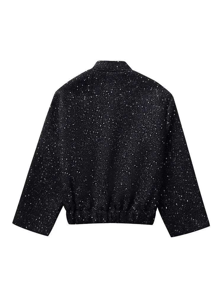 Women Shiny Sequin Jacket Y2k Gold Color Stand Collar Long Sleeve Short Coat Autumn Winter Ladies High Streetwear