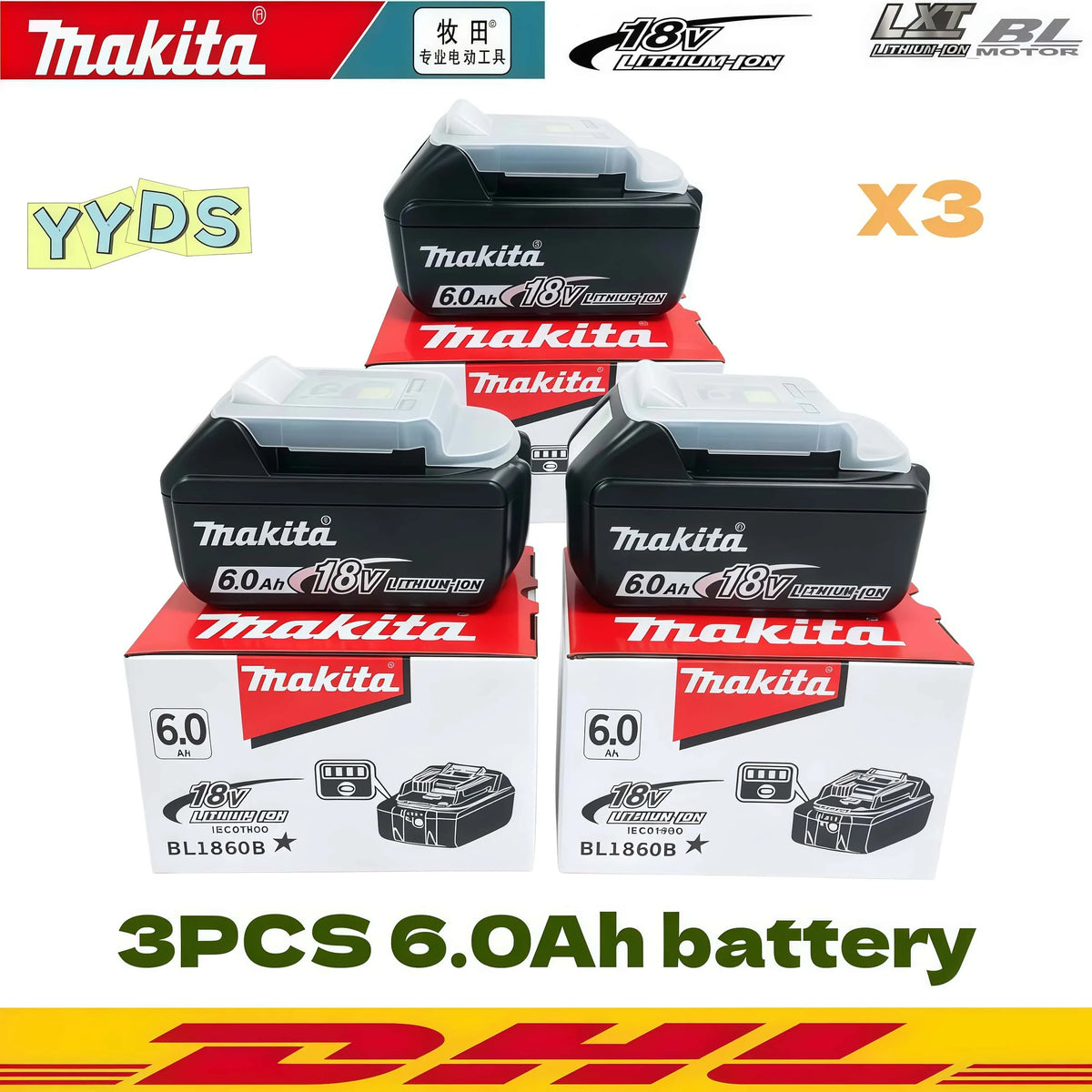 Genuine Makita 6AH BL1860B 18V Battery Power Tool Lithium-Ion Substitute LXT BL1850B BL1840B, Suitable for Use with BMS18V Screw