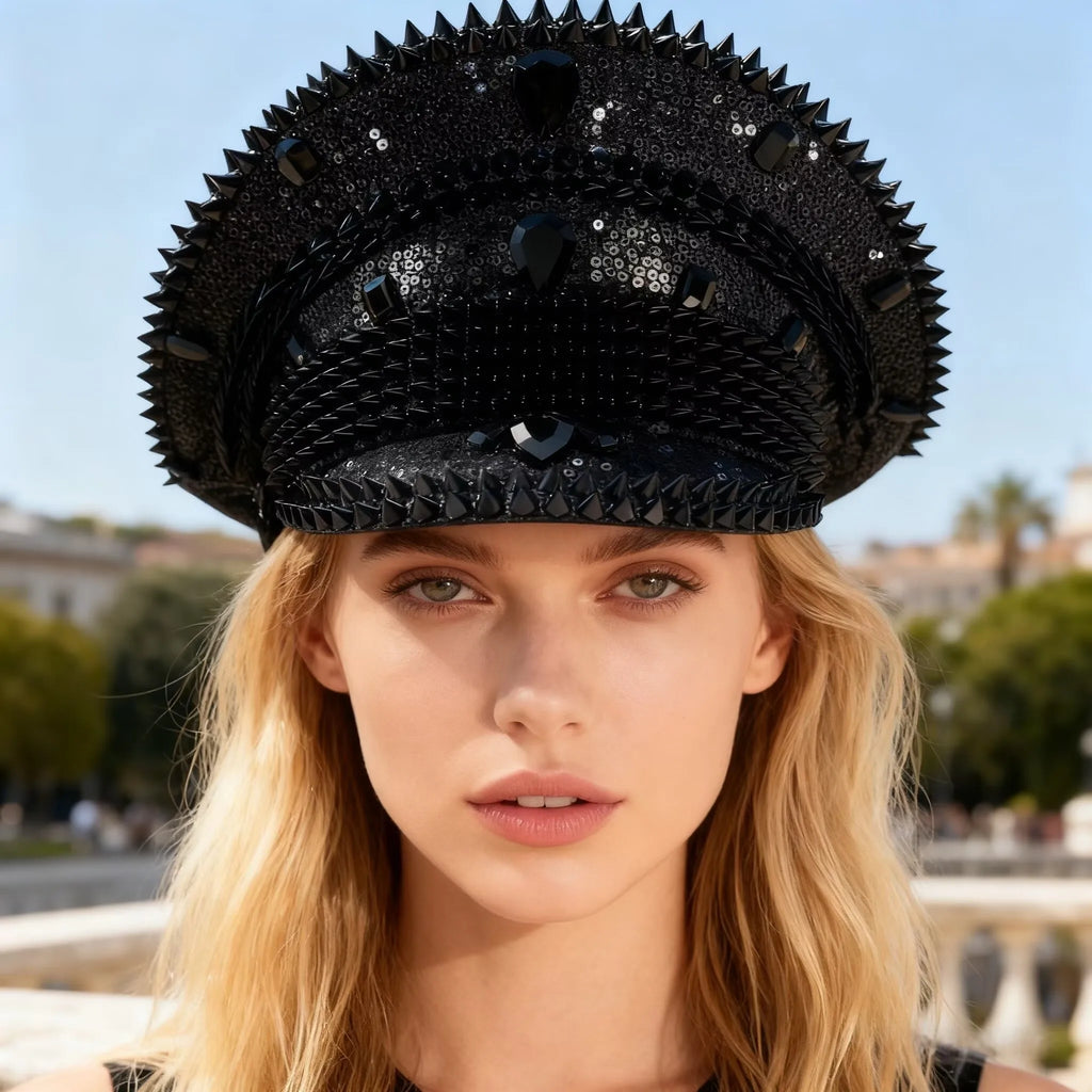 HongLuan Blue Steampunk Captain Hat Rhinestone for Burning Man Festival Woman, Vintage Military Accessories & Military Cap Man