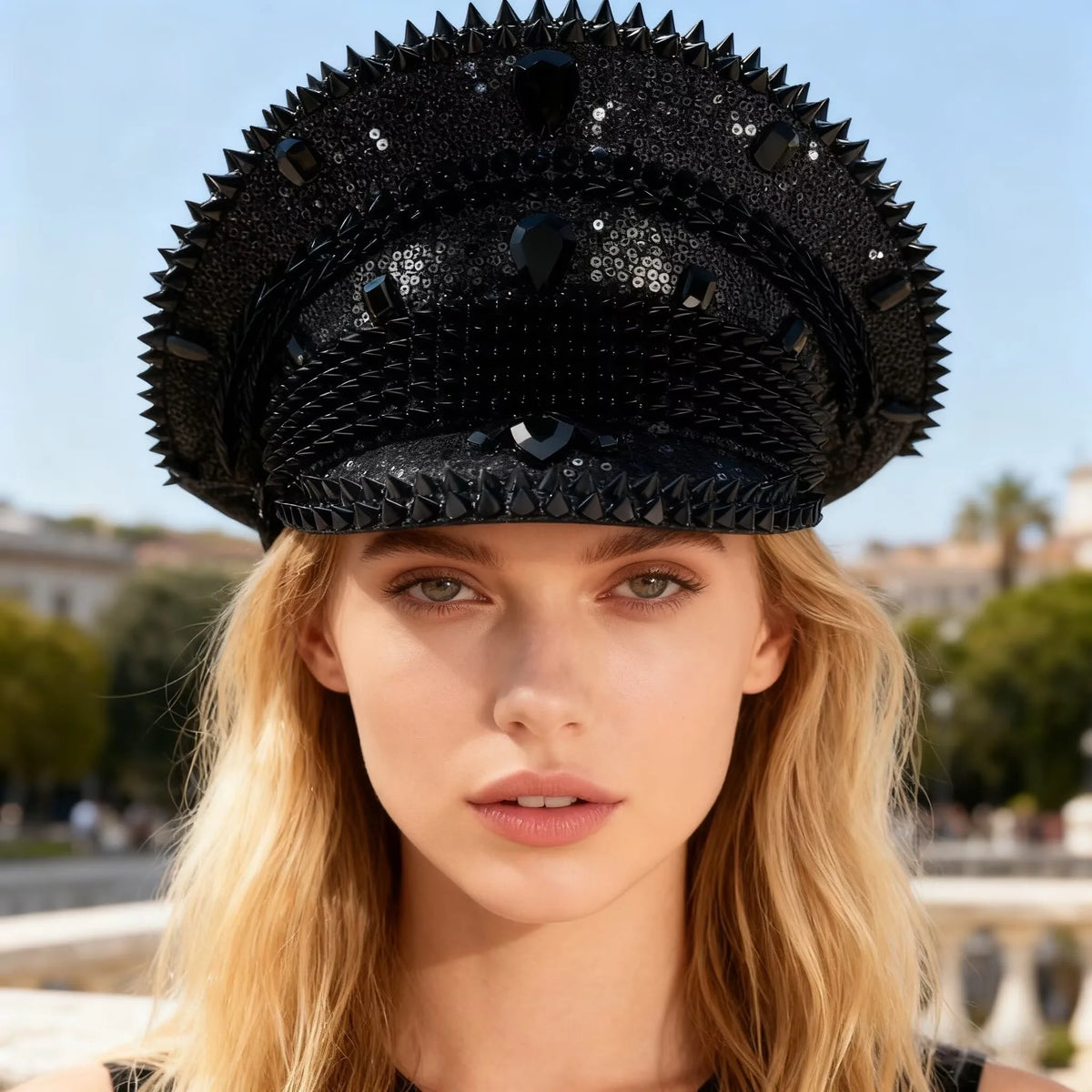 HongLuan Blue Steampunk Captain Hat Rhinestone for Burning Man Festival Woman, Vintage Military Accessories & Military Cap Man