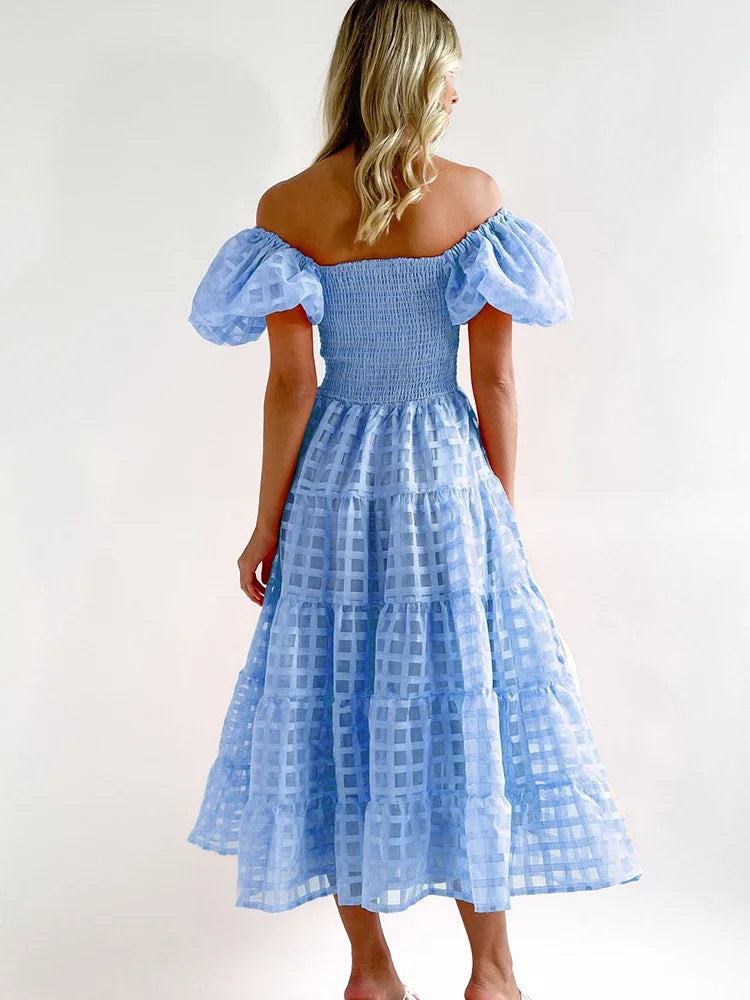 Fashion Party Maxi Dresses Women Holiday 2023 New Solid plaid Pleated A-line Dress Summer Women SHort Puff Sleeve Dress Elegant