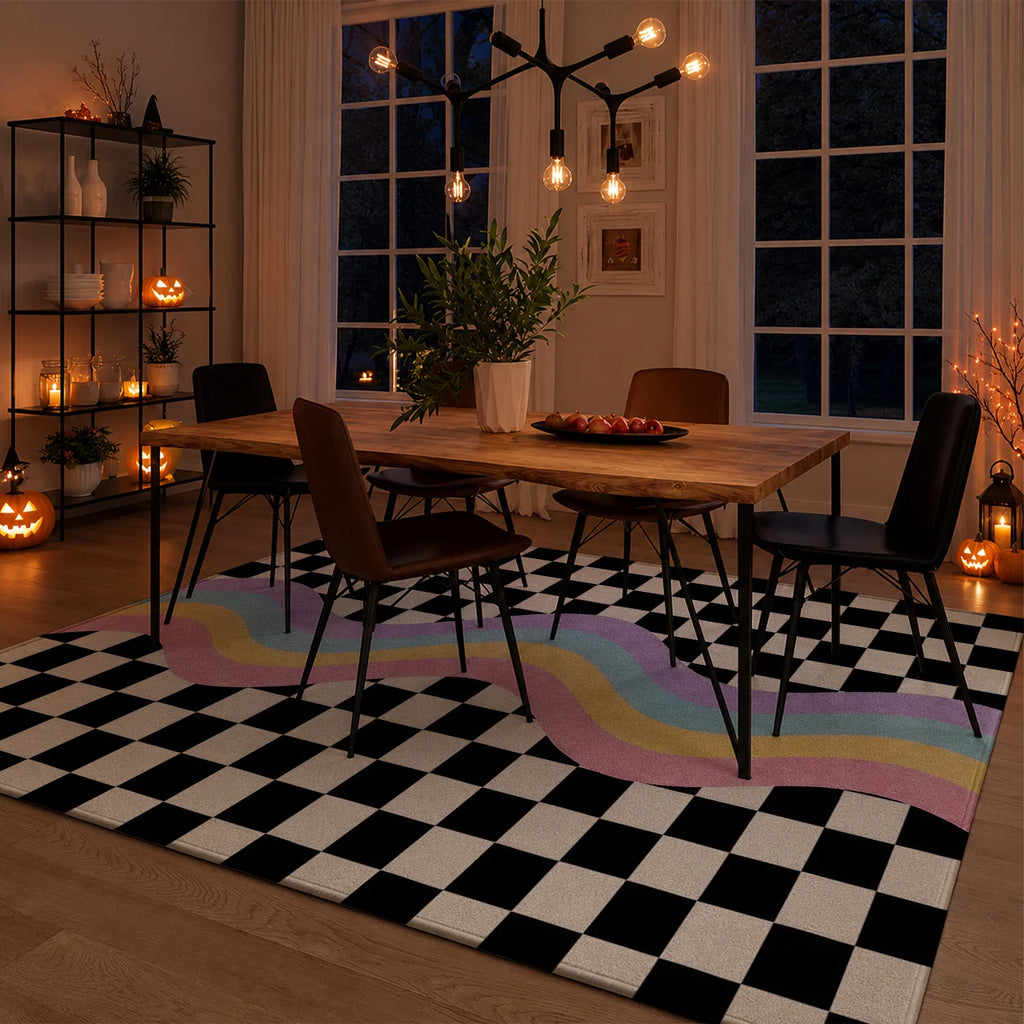 Large Indoor Area Rug, Soft Velvet Low Pile Checkered Retro Rainbow Wave Rug, Non-slip Dotted Backing, Machine Washable for Living Room, Bedroom