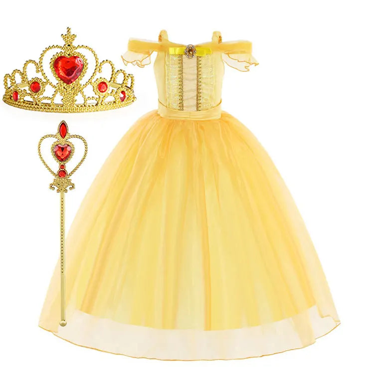 2025 Girls Beauty and the Beast Classic Belle Princess Cosplay Costume Child Fairy Tale Clothing Party Carnival Vestido