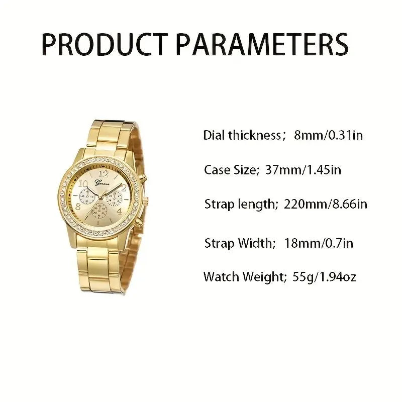 Newest 5 PCS Set Gold Watch Women Luxury Ring Necklace Earrings Rhinestone Fashion Wristwatch Female Casual Watches Bracelet Set