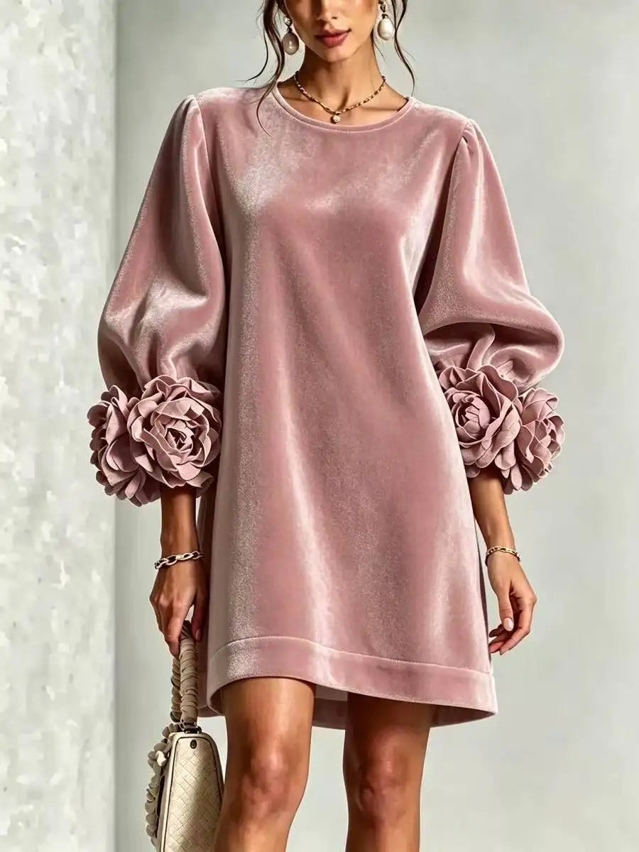 Fall Winter New Arrival Women Korean Velvet Dress, Fashion Long Sleeve Dress with 3D Stereo Floral Cuffs for Party Daily