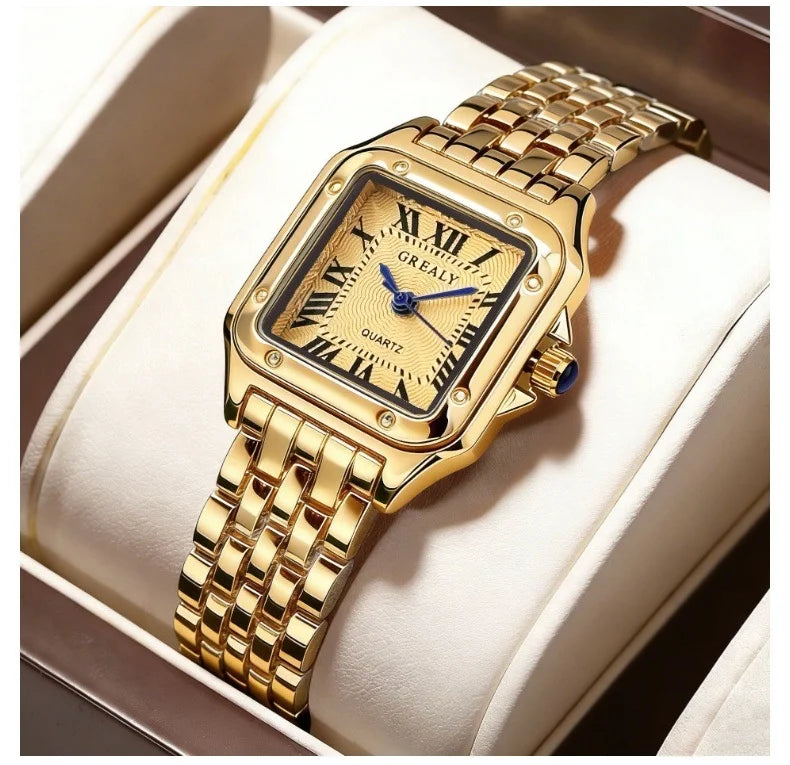 New Fashion Quartz Women Watch Simple Elegant Square Dial Gold Stainless Steel Strap Waterproof Leisure Business Watches Hot