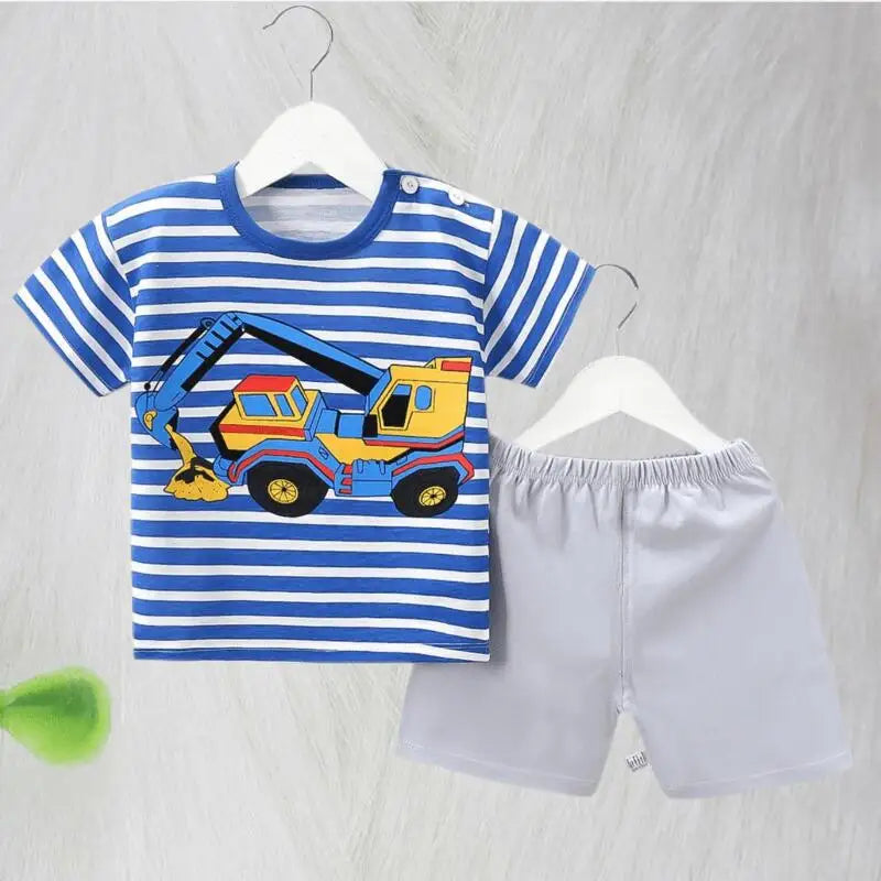 1-6 Y Kids Cartoon Excavator Striped T-Shirt+Shorts 2-Piece Set Cotton Pajama Baby Boys Girls Summer Casual Tracksuit Clothes Su