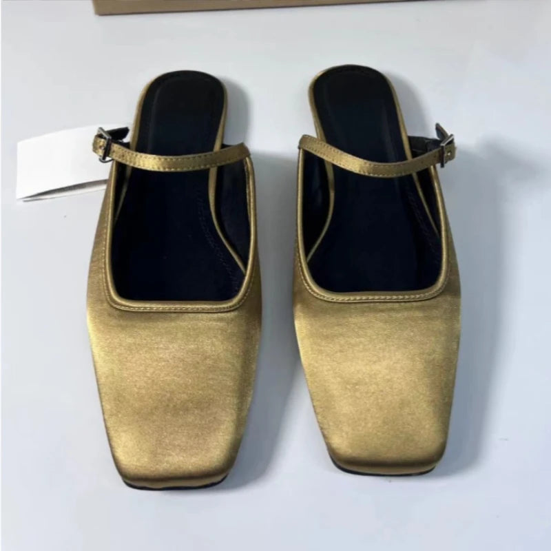 Summer Flat Sandals Woman 2026 New Square Toe Buckle Strap Breathable Satin Leisure Slingbacks Chic Mules Shoes for Ladies