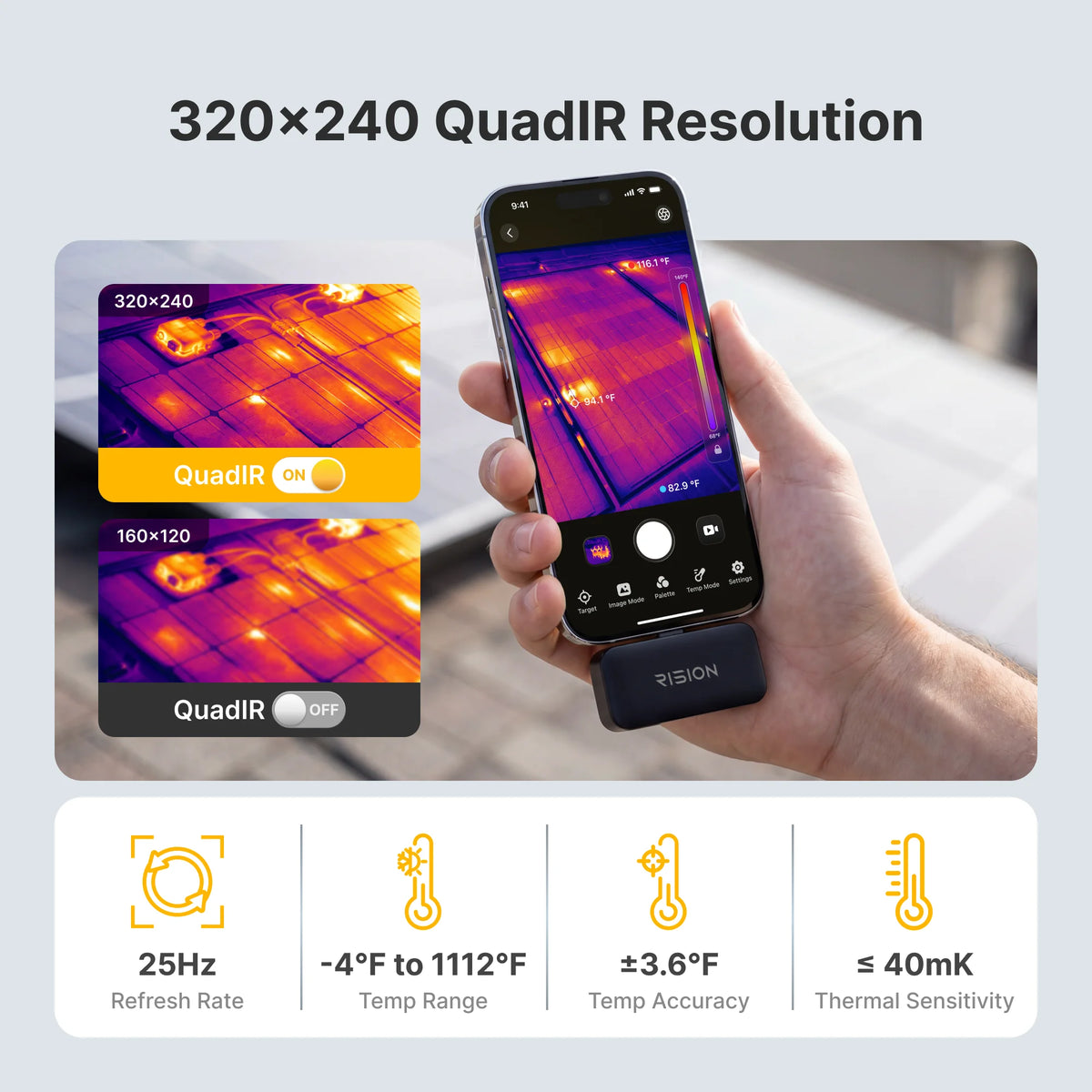 RISION Magic Thermal Camera, Hot/Cold Spot Track, Live Temp for USB-C iOS, Android & Win, 320x240 QuadIR, w/-4°F~1112°F , ±3.6℉ Accuracy 25Hz Thermal Imaging Camera for HVAC/Electrical Inspection