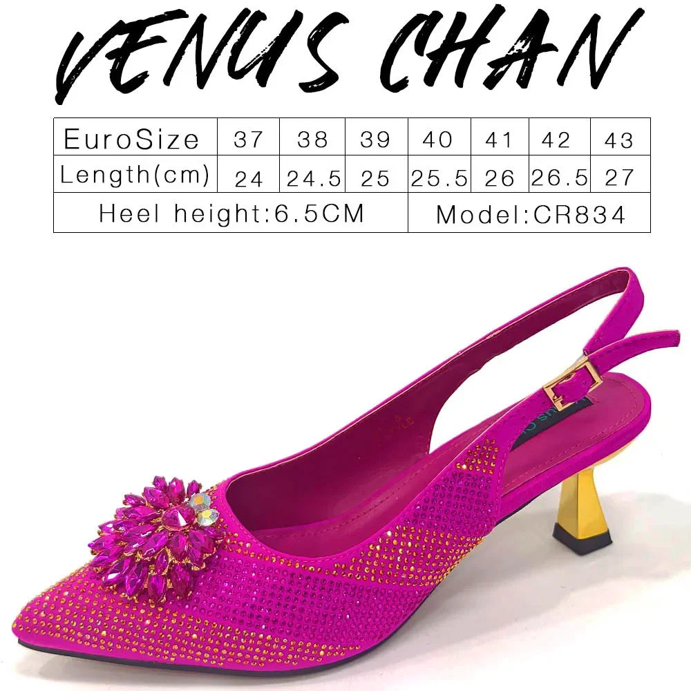 2024 Italian Design Rhinestone Luxury Wine Colour Pointed Toe Shoe & Bag Set Women's High Heels for Parties By Venus Chan