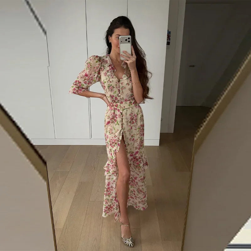 Women Chic V-neck Belte Slit Flower Print Maxi Dress Ruffle Trim High Chiffon Dresses 2026 Summer Fashion Party Vacation Robe