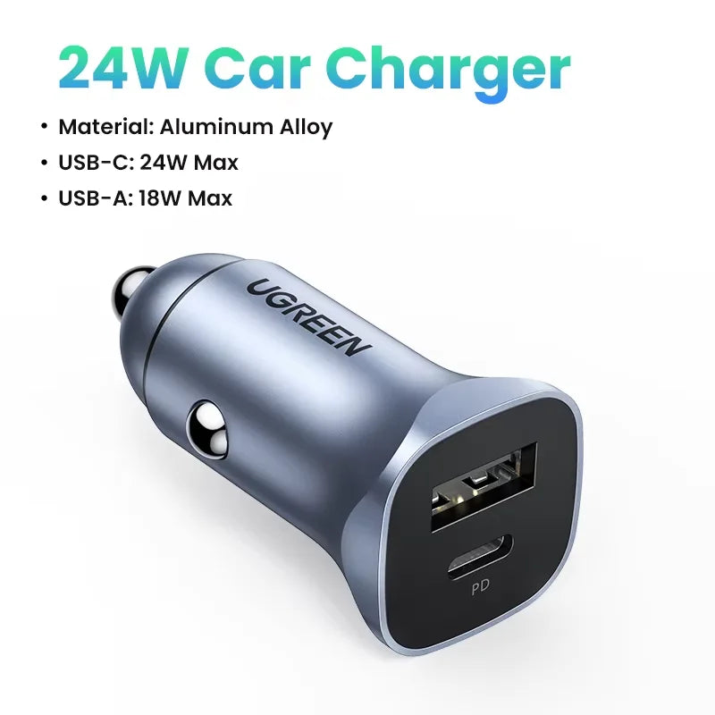 UGREEN Car Charger Type C Fast USB Charger for iPhone 17 16 15 Xiaomi Car Charging Quick 4.0 3.0 Charge Mobile Phone PD Charger