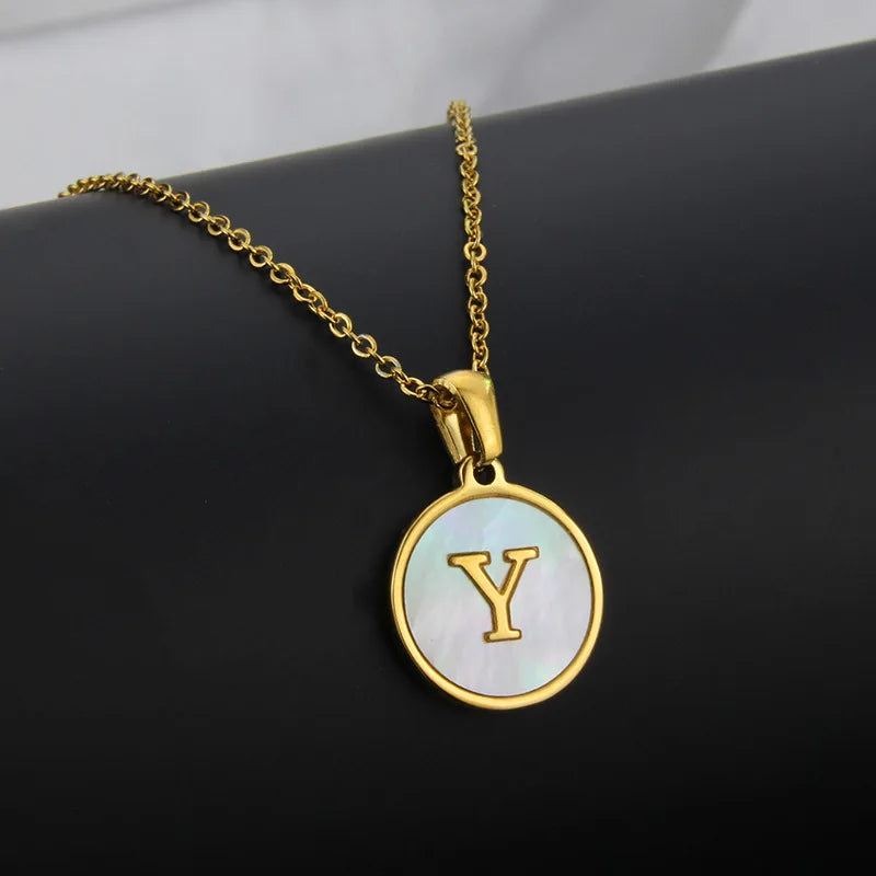 Initial Letter Necklaces for Women Trendy Stainless Steel Circle Couple Pendant Inlaid Shell Jewelry