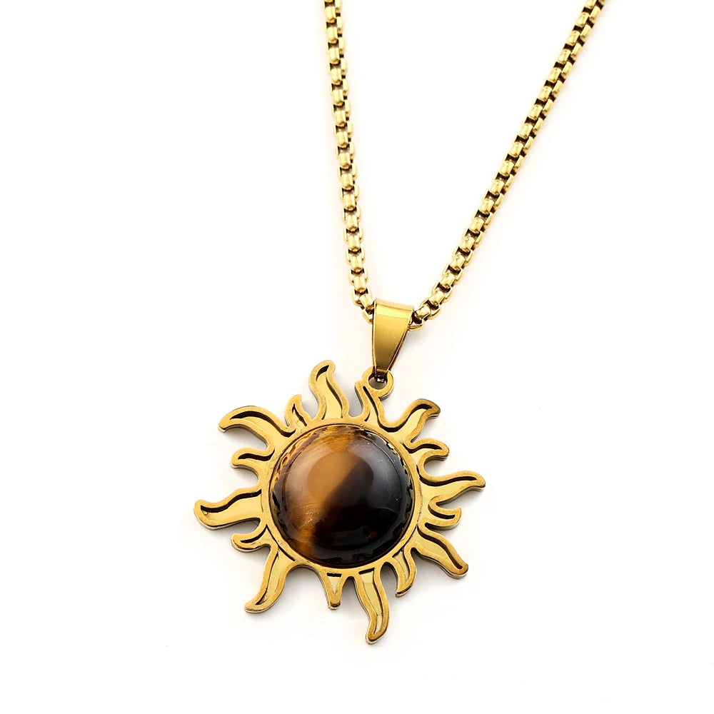 Natural Stone Tiger Eye Charm Sun Pendant Necklace Gold Color Stainless Steel Neck Chain Necklaces For Women Jewelry Accessories