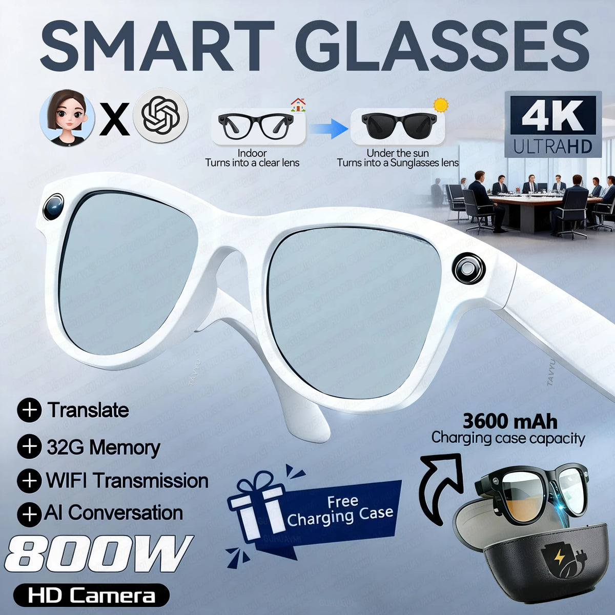 2026 New TOP1 Photochromic Smart Glasses 8MP HD Camera 30MP Photo 1200P Video Recording AI Translation Bluetooth Call Sunglasses