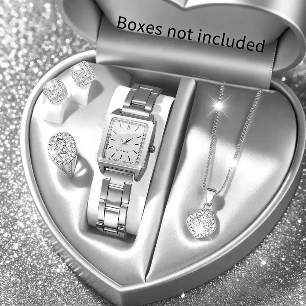 5PCS Fashion Women Quartz Watch Rhinestone Jewelry Set Elegant Square Dial Wristwatch Clock Gift Reloj Mujer（Without Box）