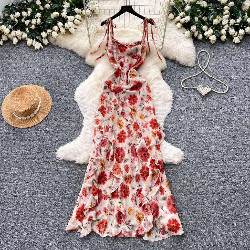 French Vacation Floral Spaghetti Strap A‑Line Midi Dress Women Summer High Waist Ruffled Slim Elegant Dresses