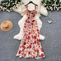 French Vacation Floral Spaghetti Strap A‑Line Midi Dress Women Summer High Waist Ruffled Slim Elegant Dresses