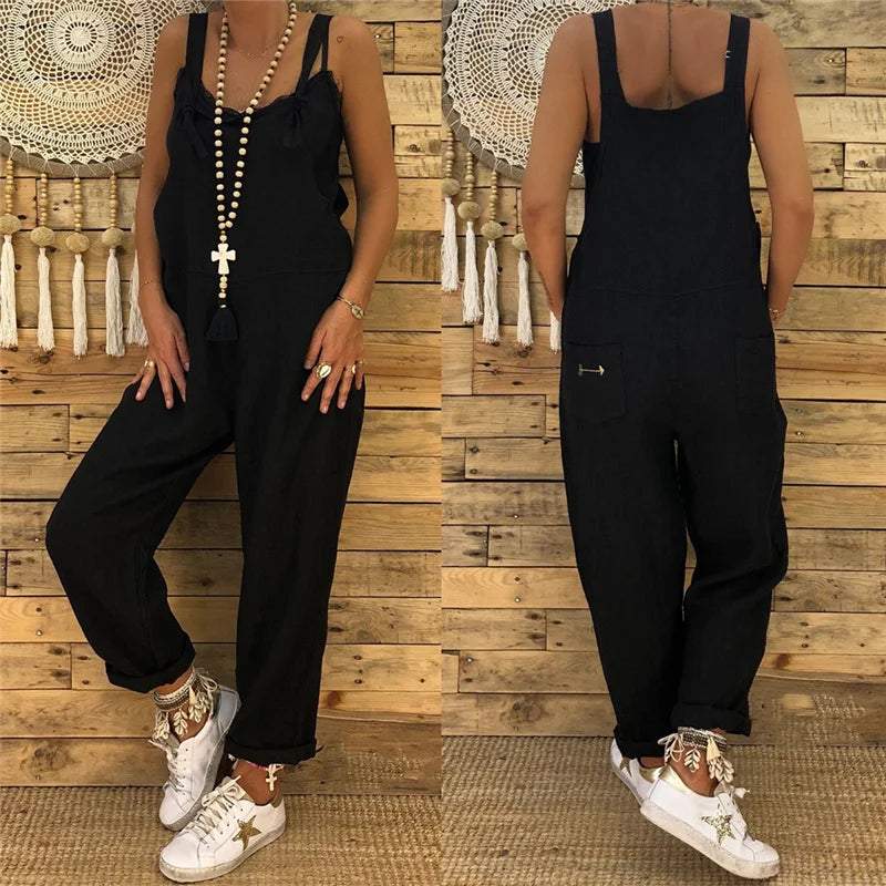 Woman Cotton Linen Suspender Pants Solid Color Loose Bib Straight Leg Jumpsuits Vintage Baggy Overalls Trousers Pockets Playsuit