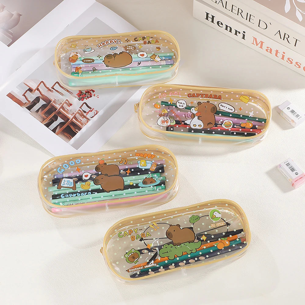 Cartoon Capybara Pencil Case Transparent Waterproof Zipper Pen Pouch Large Capacity Stationary Organizer Bag School Supplies