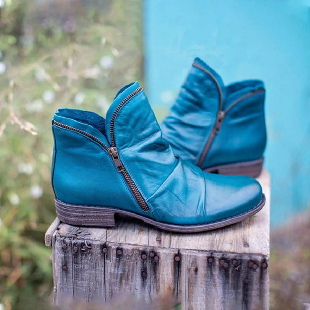 Women Boots Leather Ankle Boots Flat Shoes Autumn Winter Snow Boots Platform Zipper Up Punk Boots Square Heel Ladies Shoes