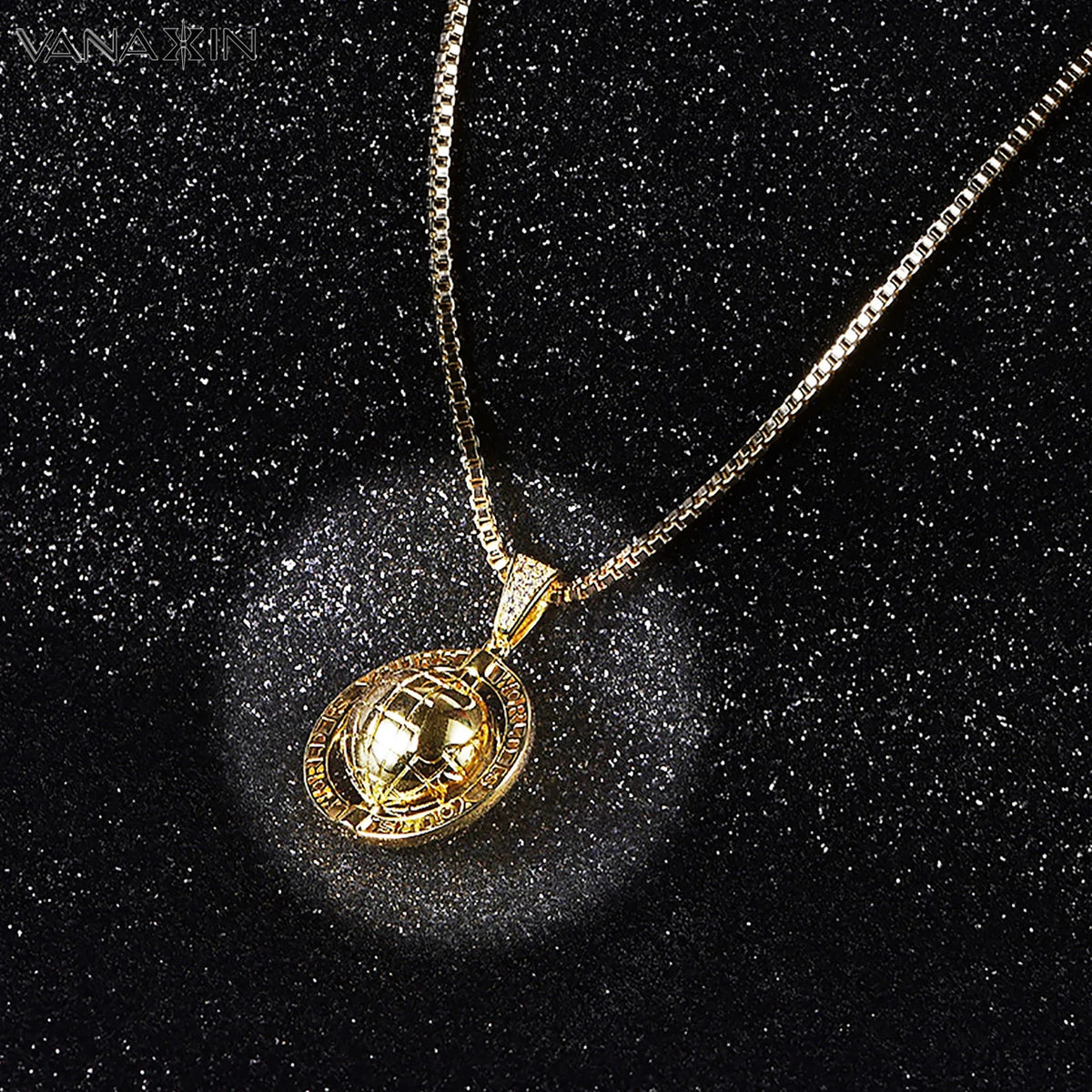 VANAXIN Vintage Globe Earth Tellurion Pendant Necklace 14k Gold Plated Cubic Zircon Hip Hop Chain Gold Color Gift for Women Men