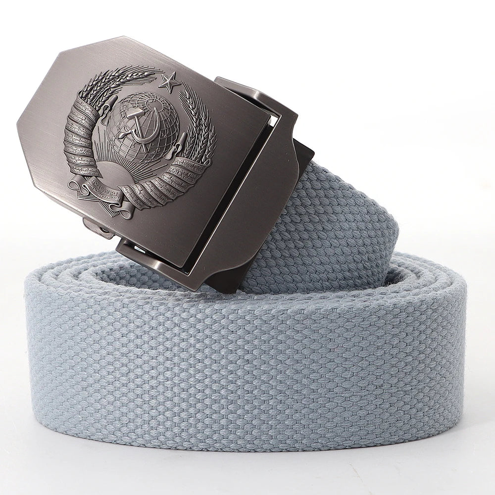 Mens Canvas Outdoor Tactical Army Belt 3D Soviet National Emblem Metal Buckle Unisex Jeans Belt for Men Military Training Belts