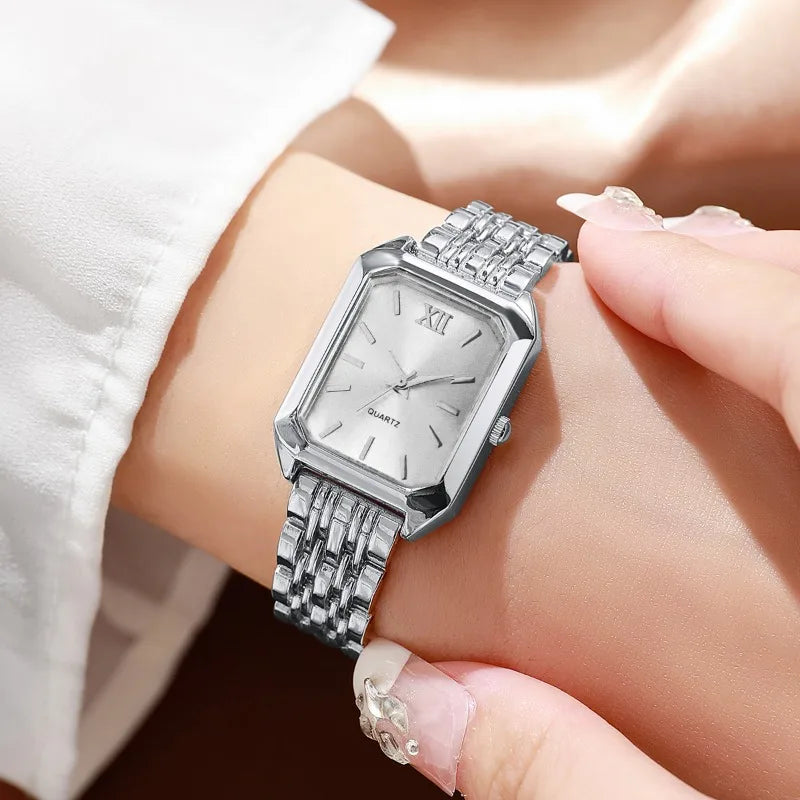 5PCS Elegant Rectangle Rhinestone Quartz Watch Jewelry Set Fashion Women Watches Reloj Mujer Girl Clock Gift（Without Box）